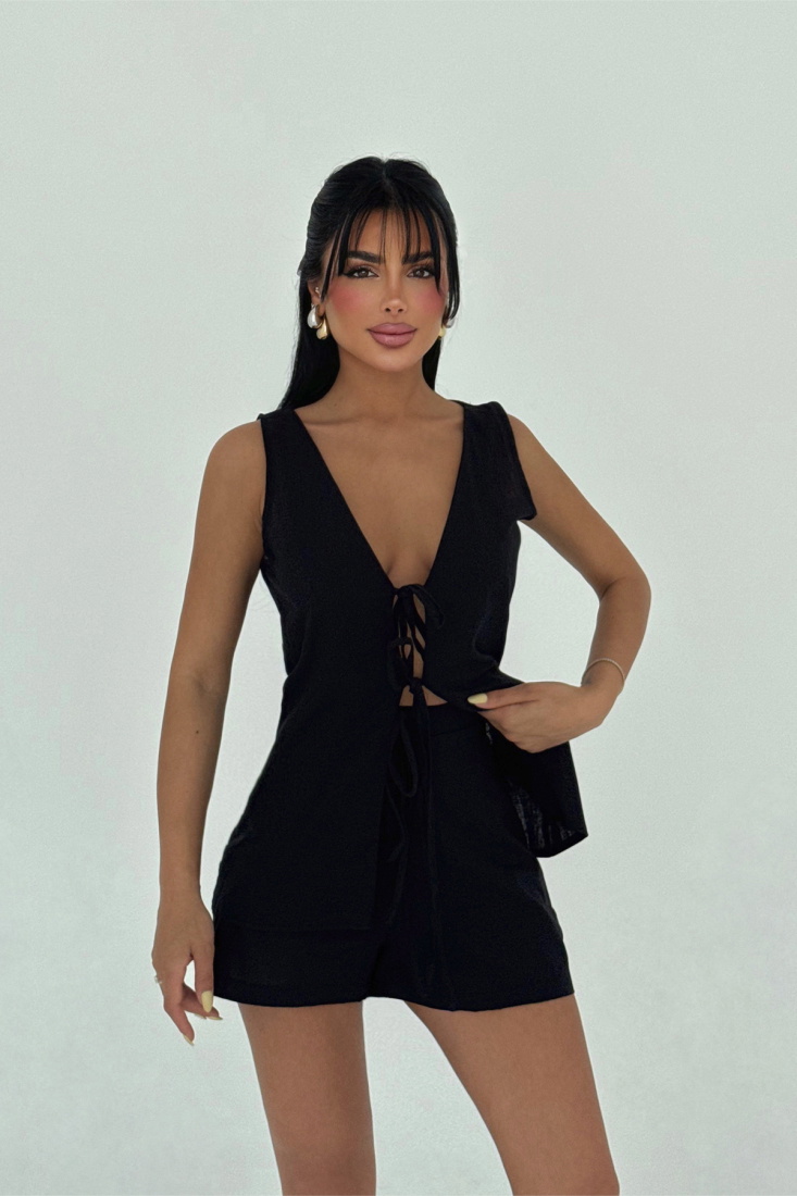 Siyah Luiza Mini Keten Bağlamalı Takım ATE-2963 - EYYO