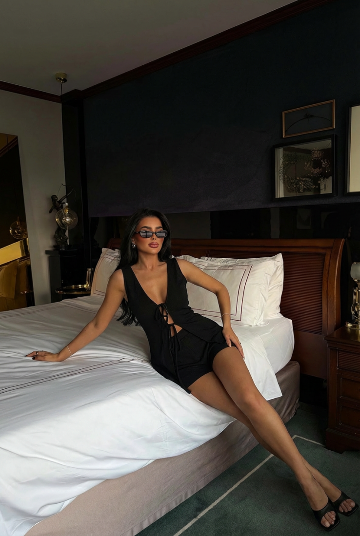 Siyah Luiza Mini Keten Bağlamalı Takım ATE-2963 - EYYO