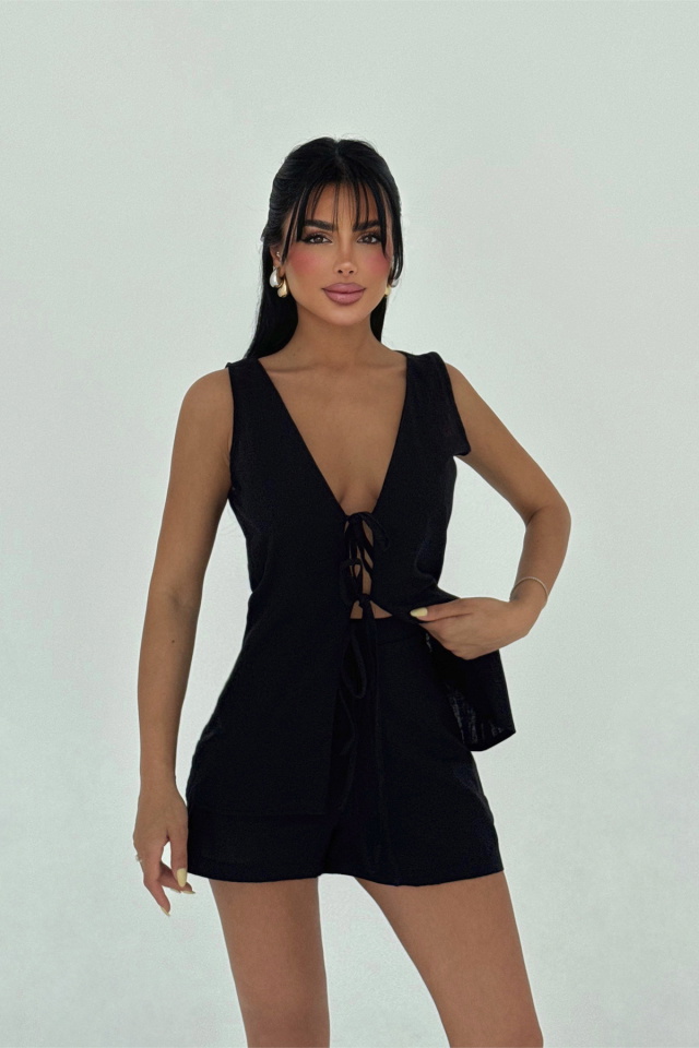 Siyah Luiza Mini Keten Bağlamalı Takım ATE-2963 