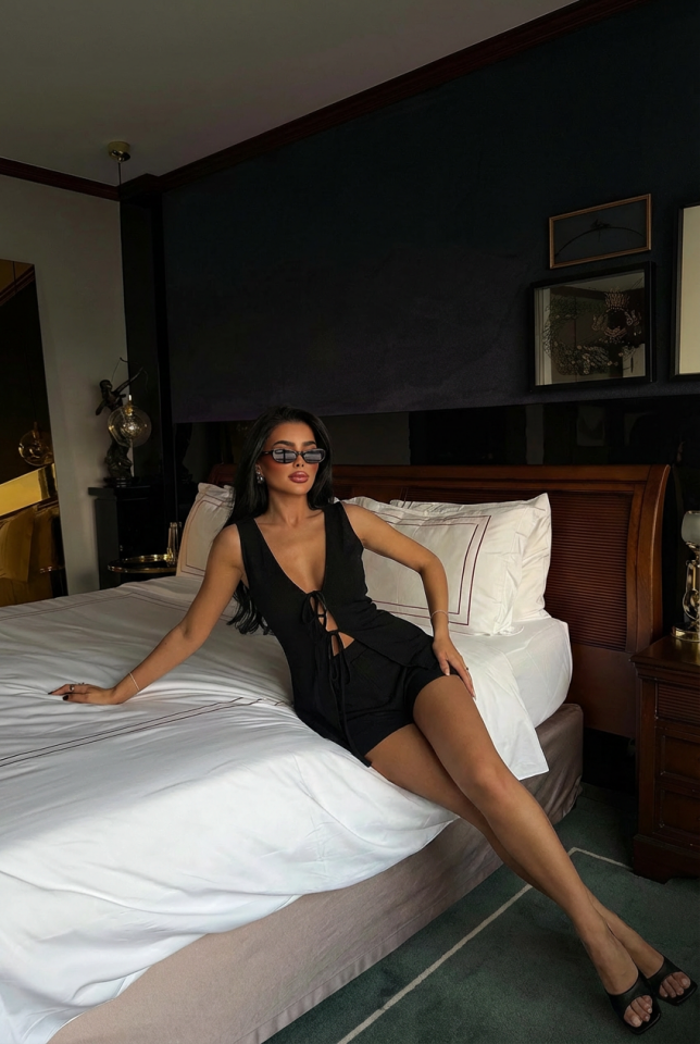 Siyah Luiza Mini Keten Bağlamalı Takım ATE-2963 - 2