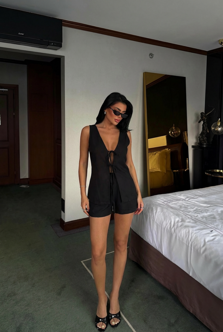 Siyah Luiza Mini Keten Bağlamalı Takım ATE-2963 - EYYO