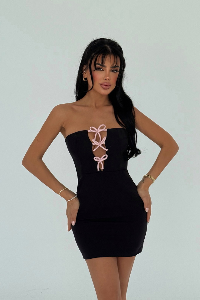 Siyah Liesel Kurdele Detaylı Mini Elbise ATE-2775 - 2
