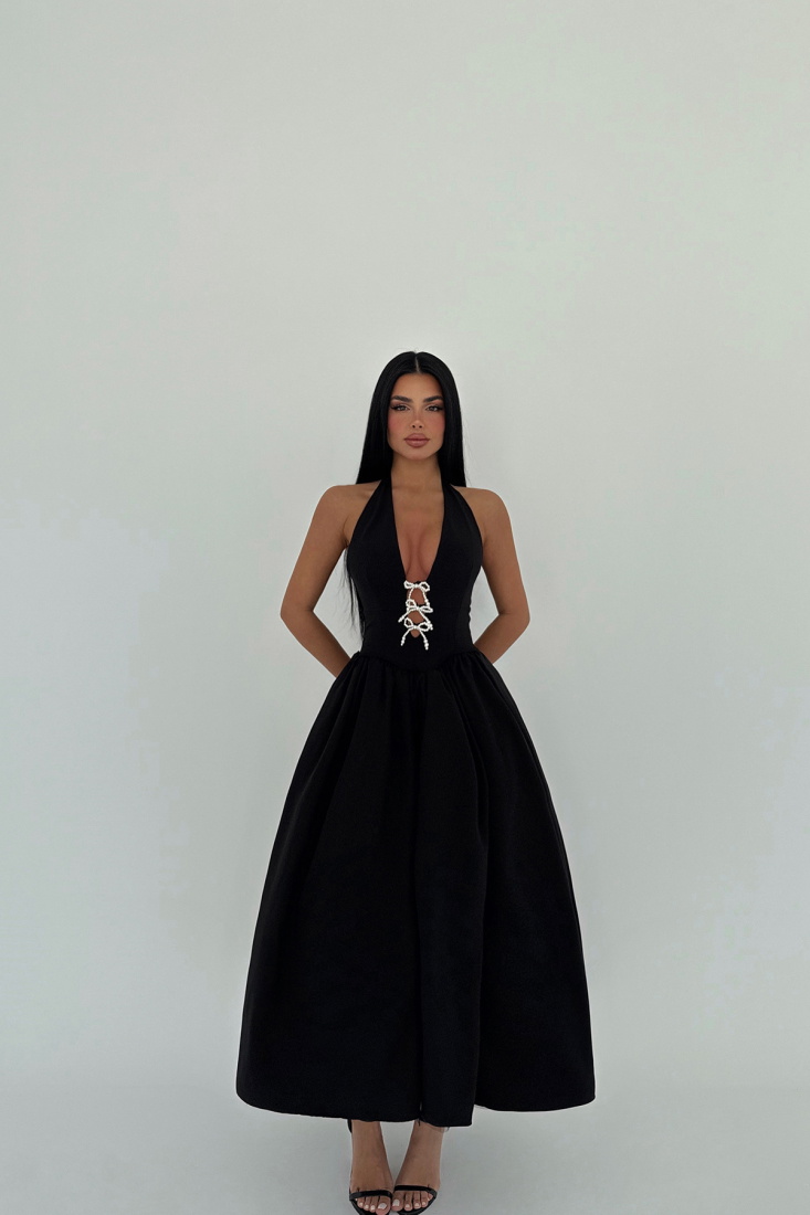 Siyah Ballerina İncili Fiyonk Detay Elbise ATE-2558 - EYYO