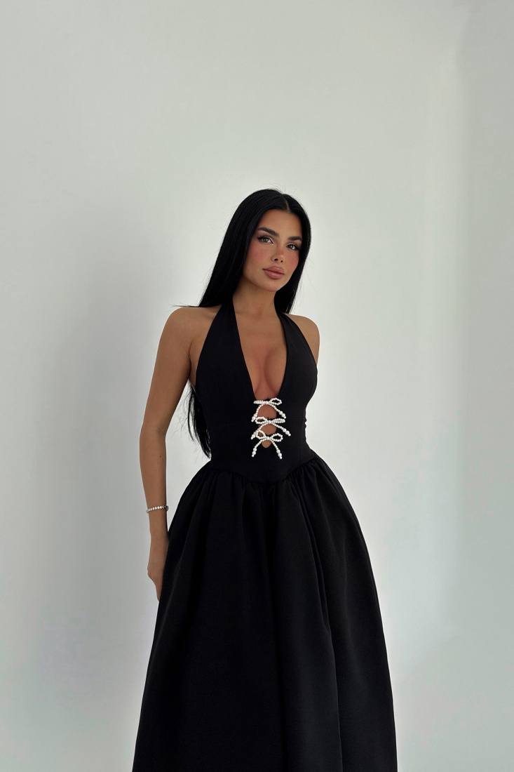 Siyah Ballerina İncili Fiyonk Detay Elbise ATE-2558 - EYYO