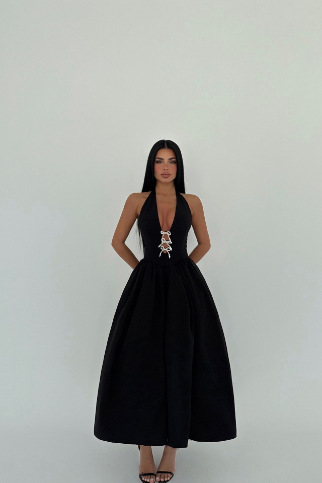 Siyah Ballerina İncili Fiyonk Detay Elbise ATE-2558 