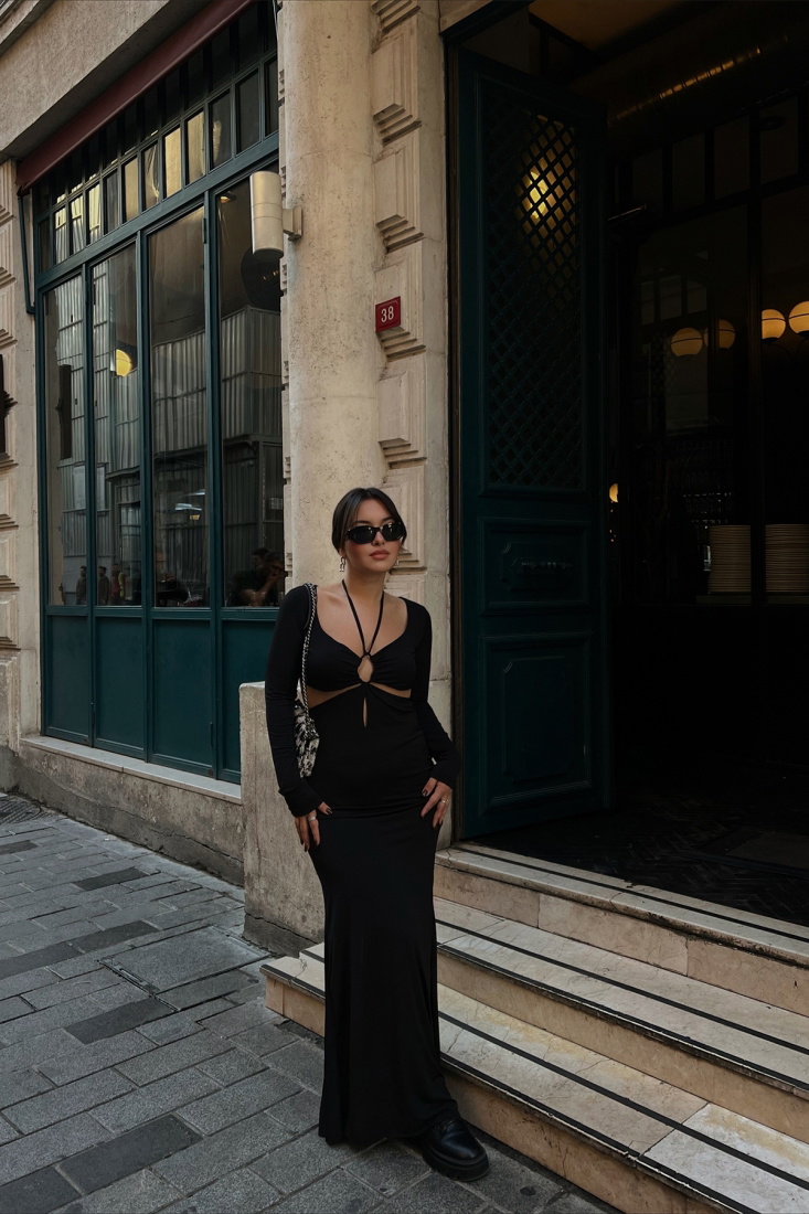 Siyah Bağlamalı Uzun Elbise ATE2240 - EYYO