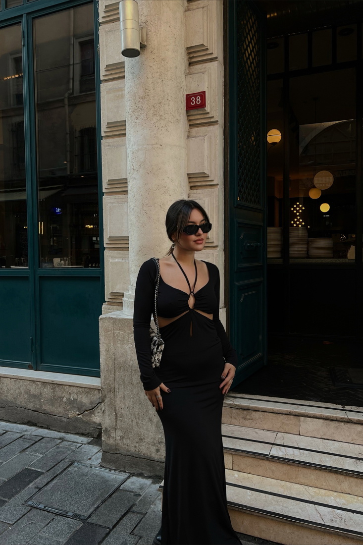 Siyah Bağlamalı Uzun Elbise ATE2240 - EYYO