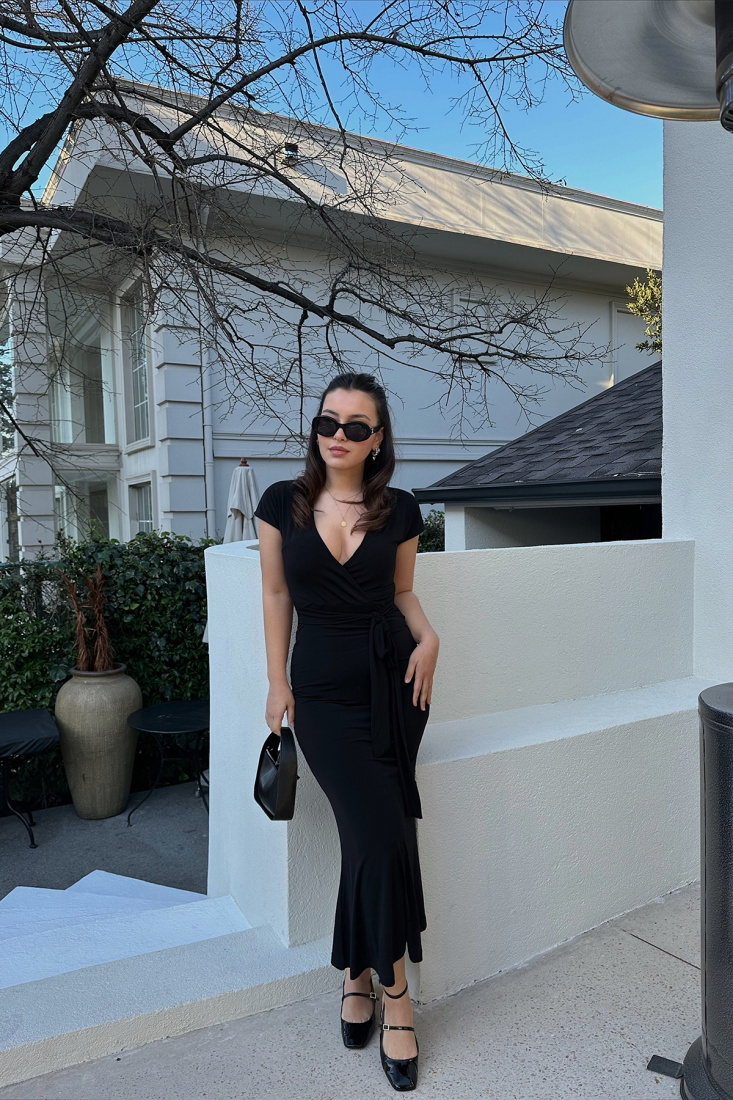 Siyah Bağlamalı Uzun Elbise ATE5041 - EYYO