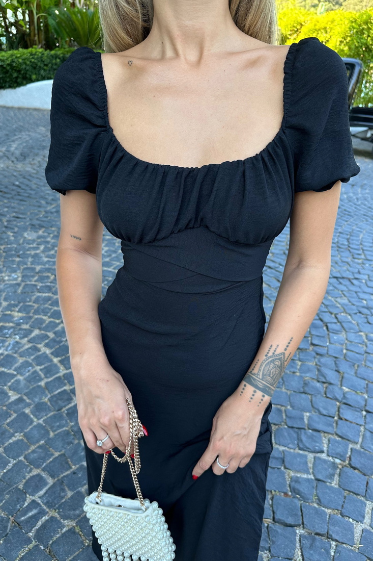 Siyah Bağlamalı Uzun Elbise ATE7732 - EYYO