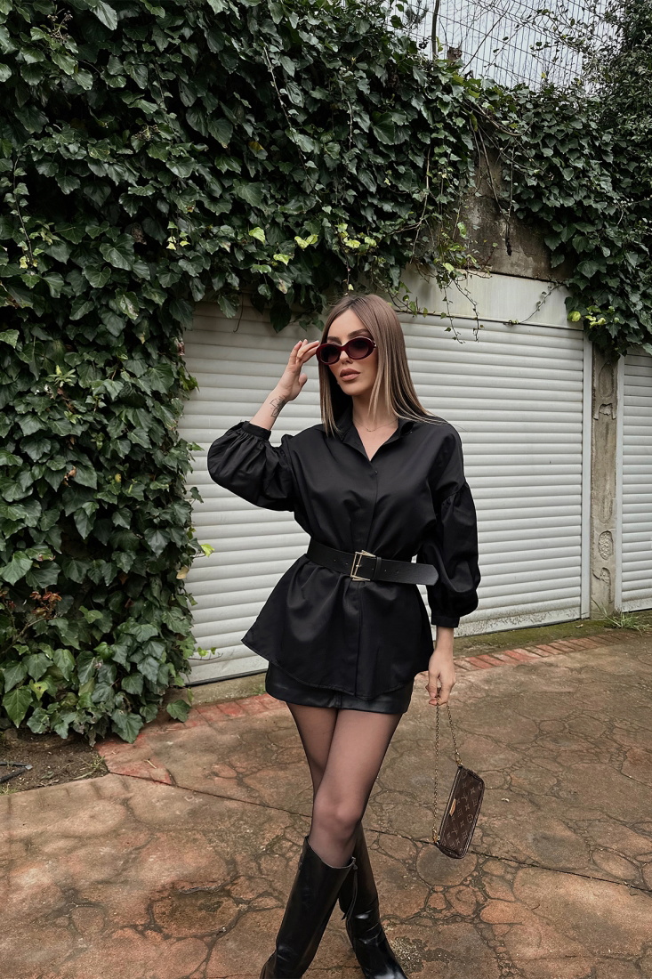 Siyah Balon Kol Kemer Detay Mini Elbise ATE4798 - EYYO