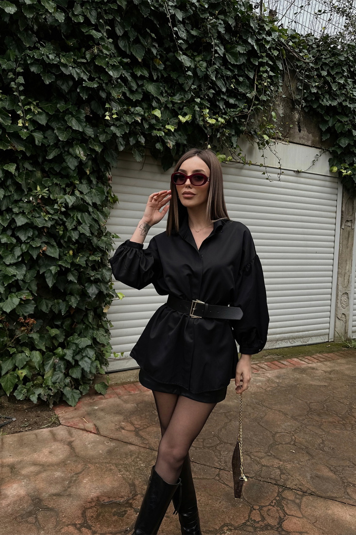 Siyah Balon Kol Kemer Detay Mini Elbise ATE4798 - EYYO