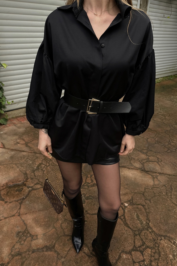 Siyah Balon Kol Kemer Detay Mini Elbise ATE4798 - EYYO