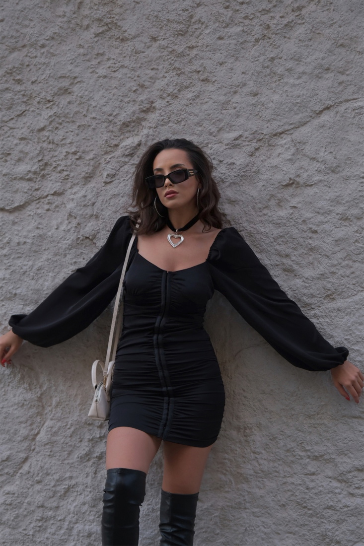 Siyah Balon Kol Mini Elbise ATE2787 - EYYO