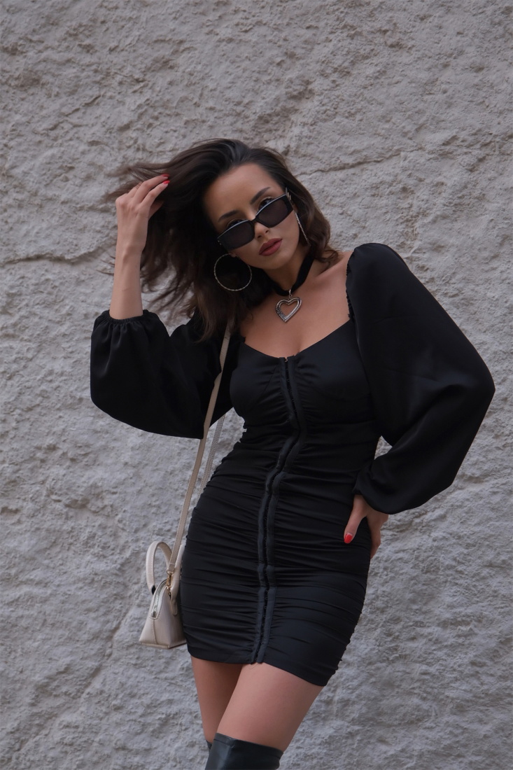 Siyah Balon Kol Mini Elbise ATE2787 - EYYO
