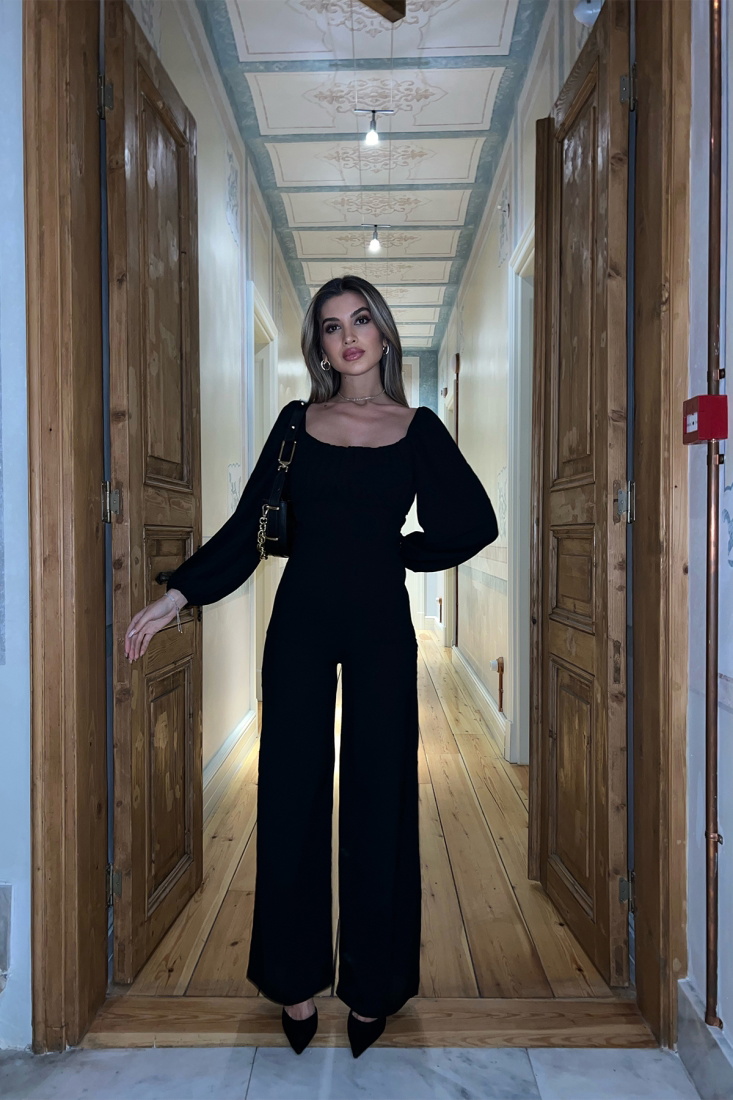 Siyah Balon Kol Sırt Detay Tulum ATE3849 - ELEY