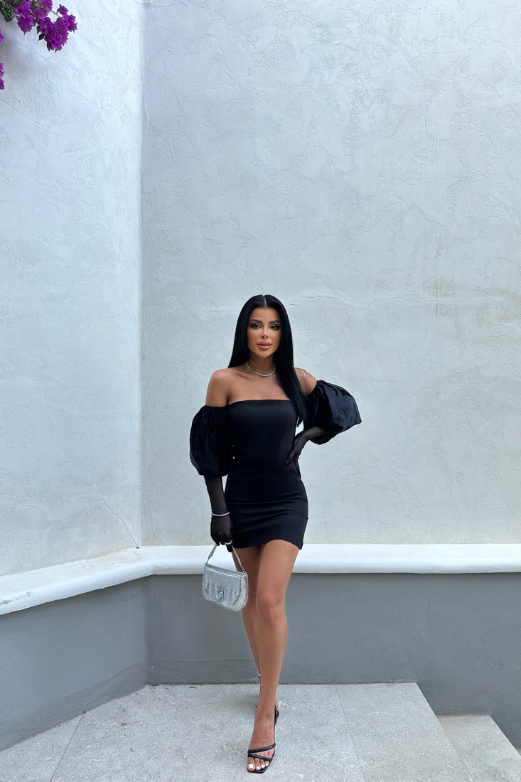 Siyah Balon Kol Straplez Elbise ATE7430 - EYYO