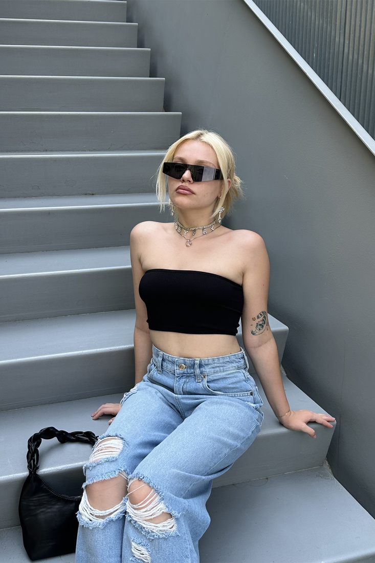 Siyah Basic Crop Top ATE7554 - İHRACAT