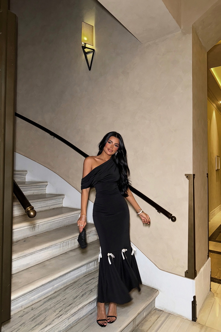 Siyah Bogen Fiyonklu Elbise ATE-1685 - EYYO