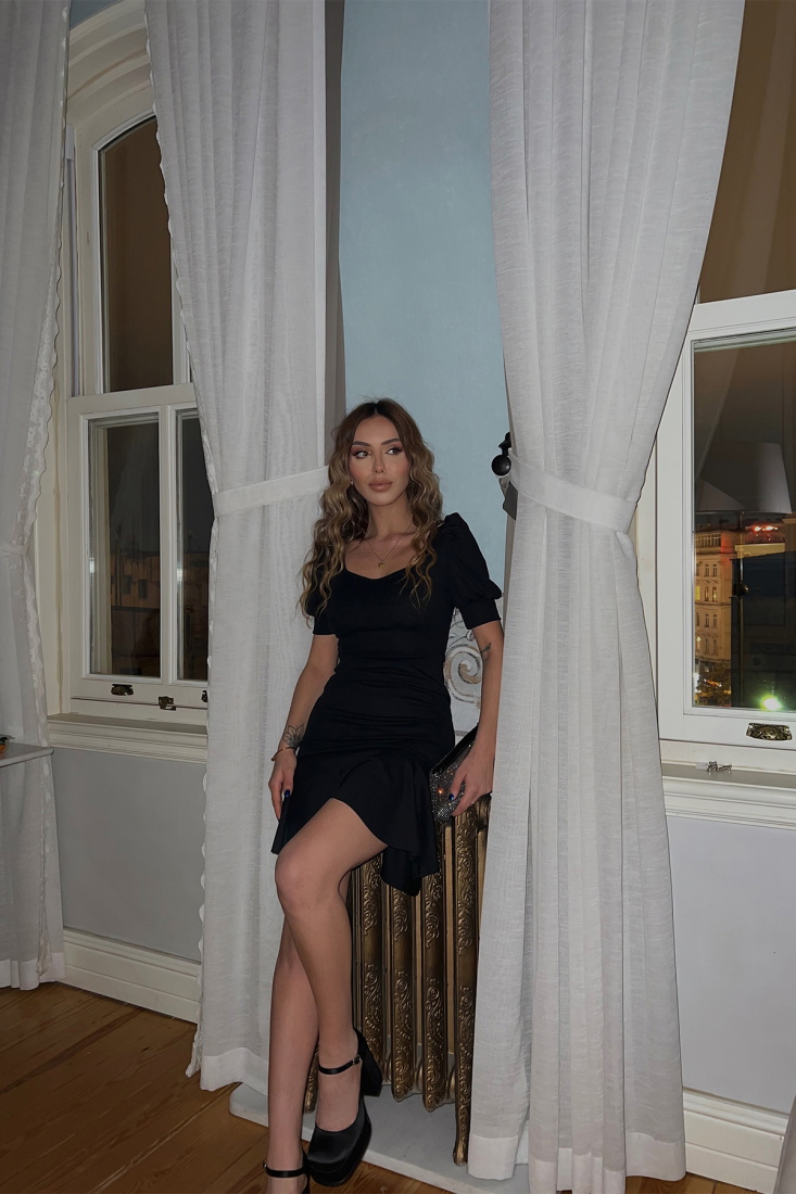 Siyah Basic Kısa Kol Mini Elbise ATE3649 - EYYO