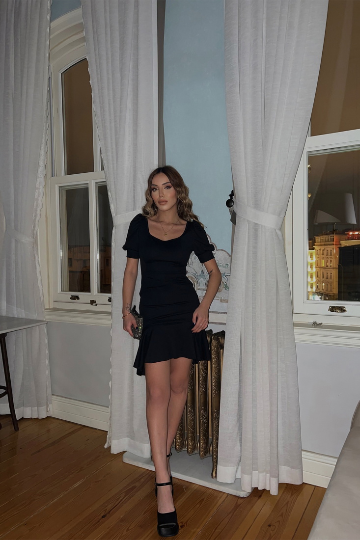 Siyah Basic Kısa Kol Mini Elbise ATE3649 - EYYO