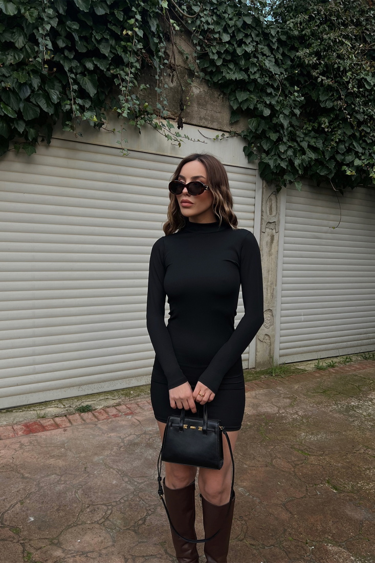 Siyah Basic Mini Elbise ATE3437 - EYYO