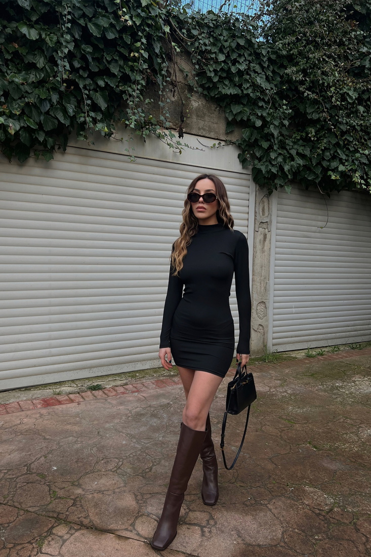 Siyah Basic Mini Elbise ATE3437 - EYYO