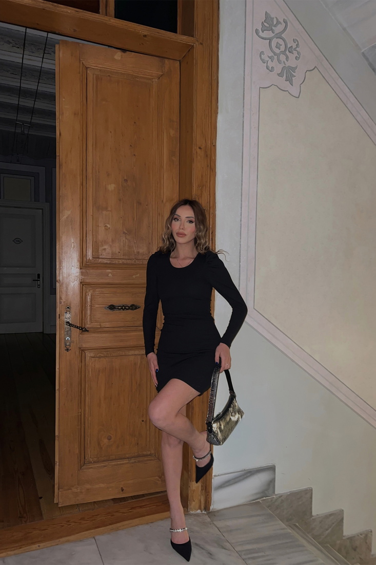 Siyah Basic Mini Elbise ATE3621 - EYYO