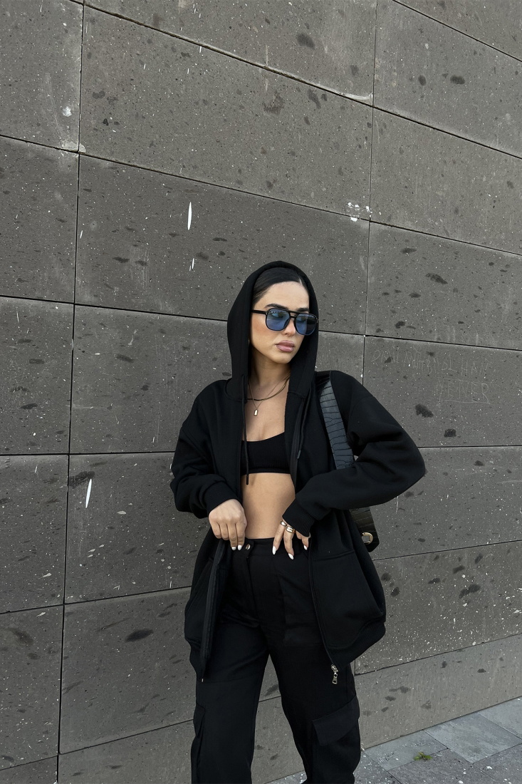 Siyah Basic Önü Fermuarlı Hırka ATE2386 - EYYO