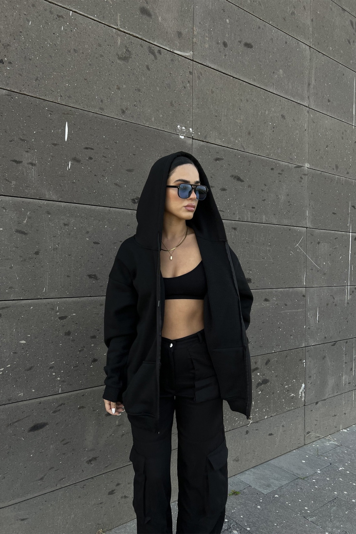 Siyah Basic Önü Fermuarlı Hırka ATE2386 - EYYO