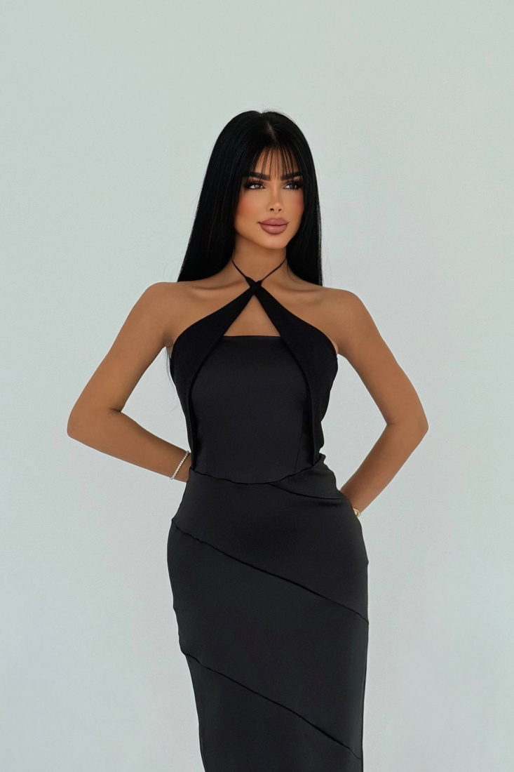 Siyah Dianeli Bağlamalı Elbise ATE-2896 - EYYO