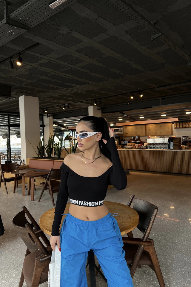 Siyah Baskılı Crop Top ATE3455 - 3