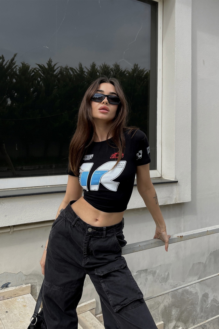 Siyah Baskılı Crop Top ATE6481 - ZECHKA
