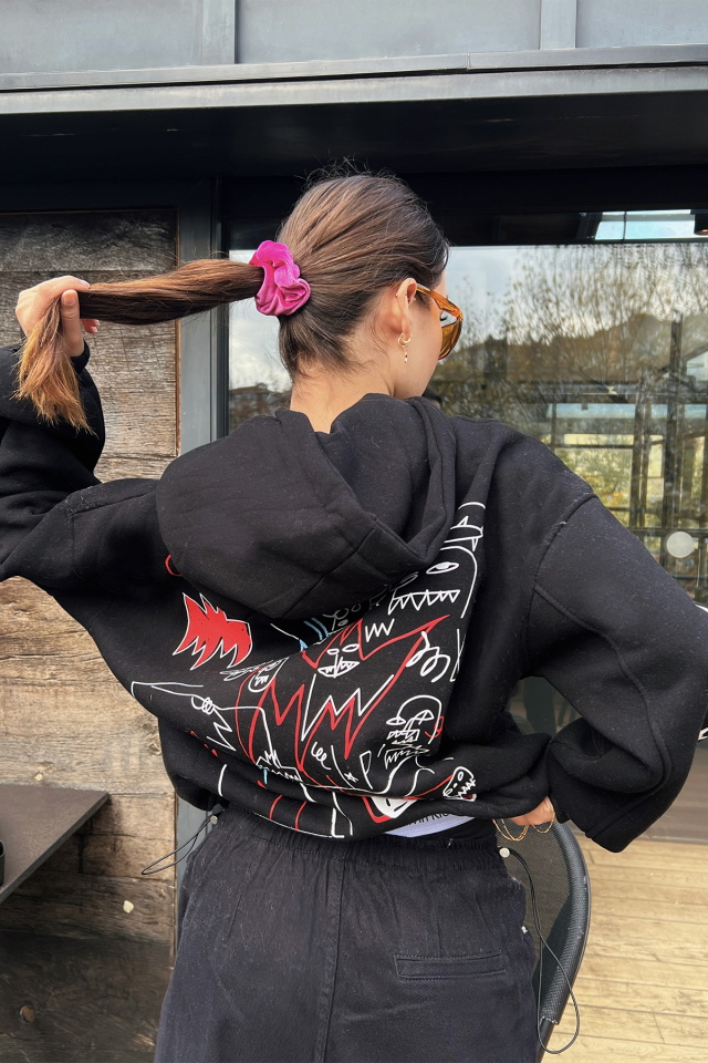Siyah Baskılı Oversize Kapşonlu Sweat ATE3071 - 2