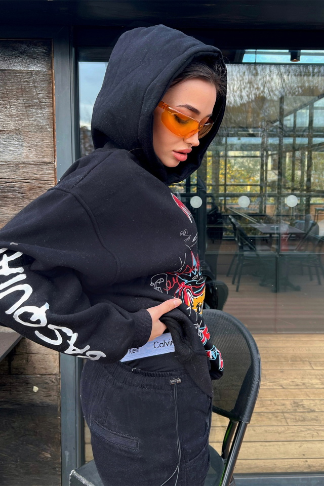 Siyah Baskılı Oversize Kapşonlu Sweat ATE3071 - 4