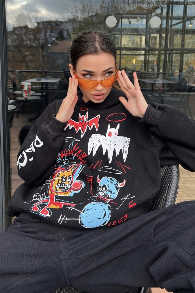 Siyah Baskılı Oversize Kapşonlu Sweat ATE3071 