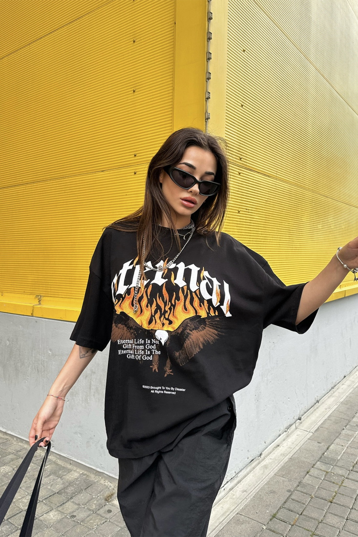 Siyah Baskılı Oversize Tişört ATE7294 - PULMARK