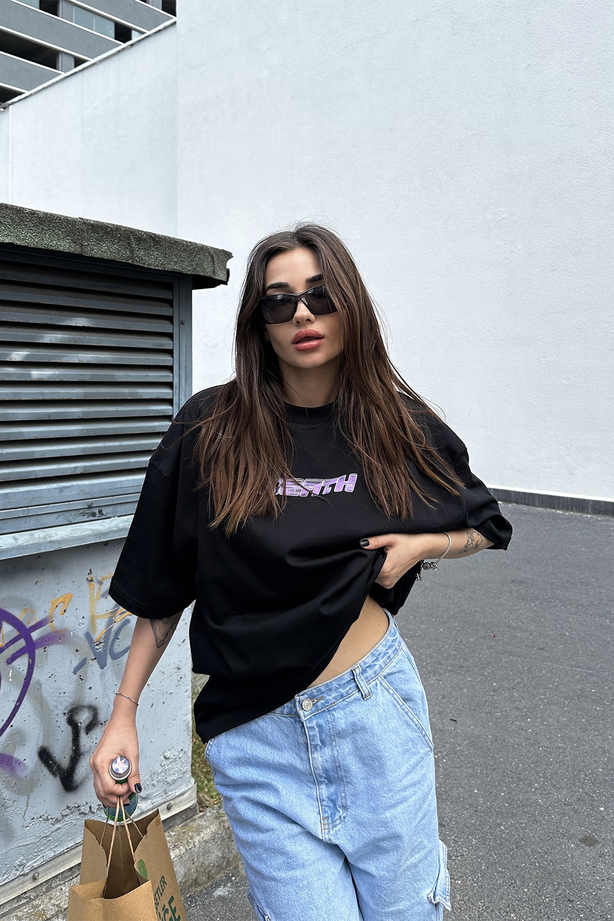Siyah Baskılı Oversize Tişört ATE7296 - 1
