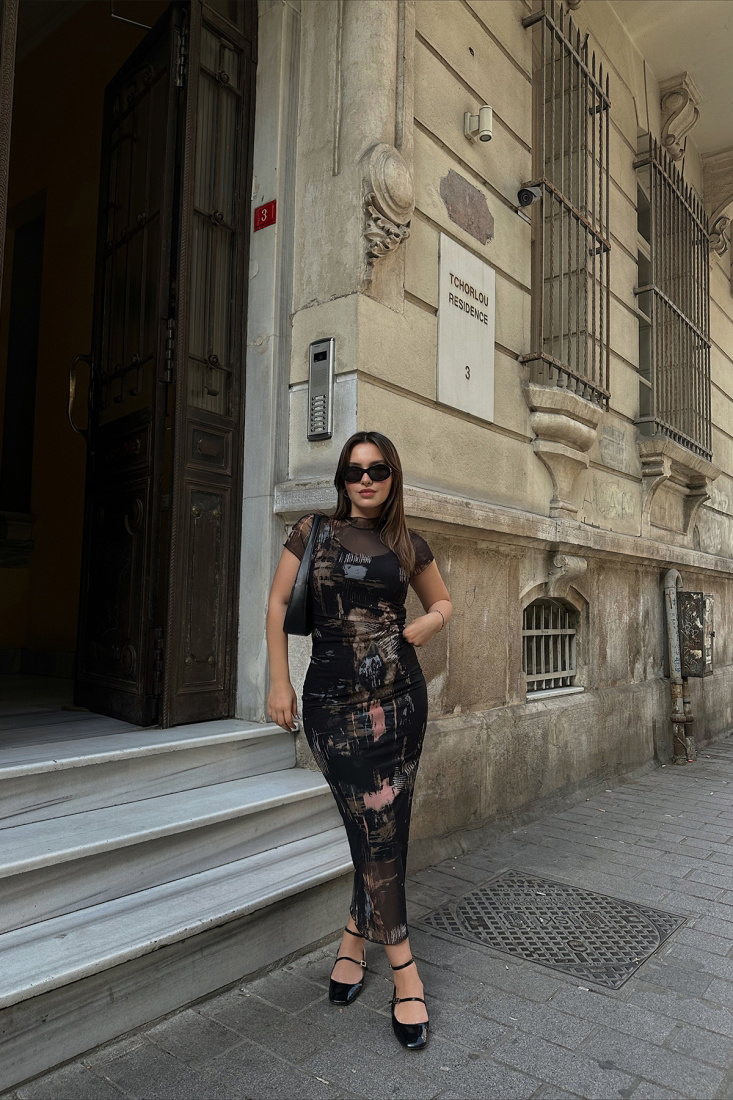 Siyah Batik Desen Uzun Elbise ATE6659 - EYYO