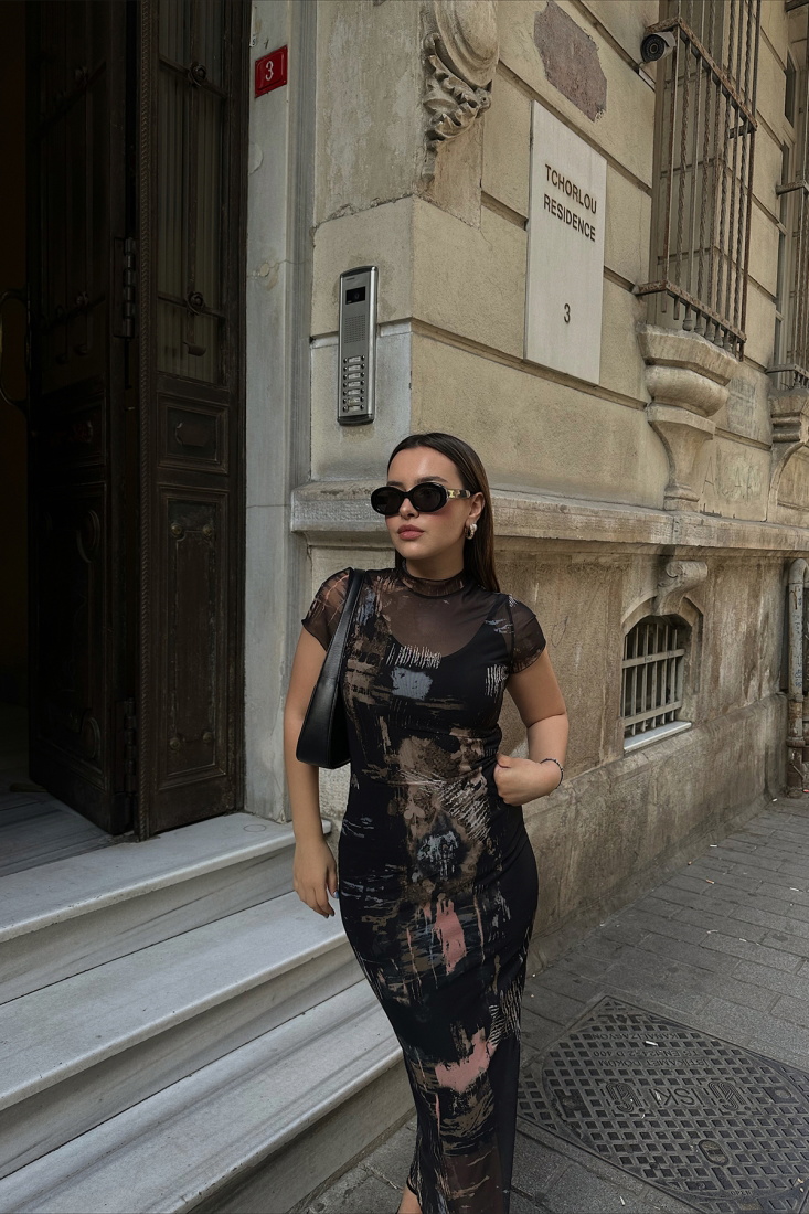 Siyah Batik Desen Uzun Elbise ATE6659 - EYYO