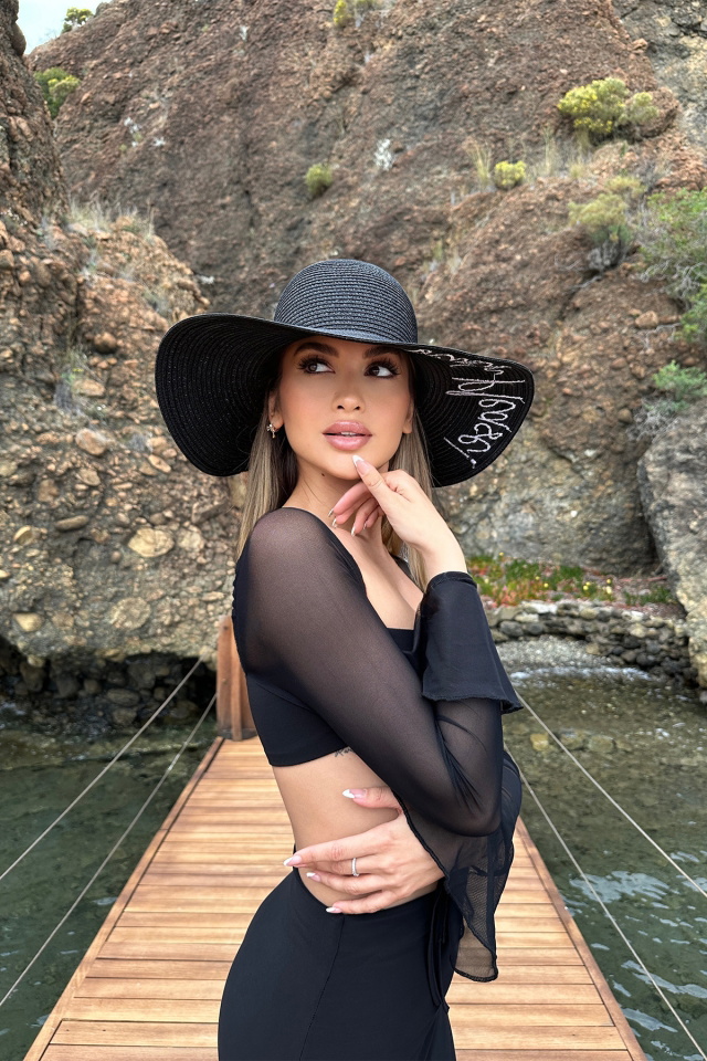 Siyah Beach Plesea Yazılı Hasır şapka ATE6587 