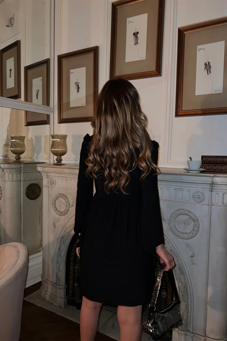 Siyah Bel Büzgülü Mini Elbise ATE3039 - EYYO