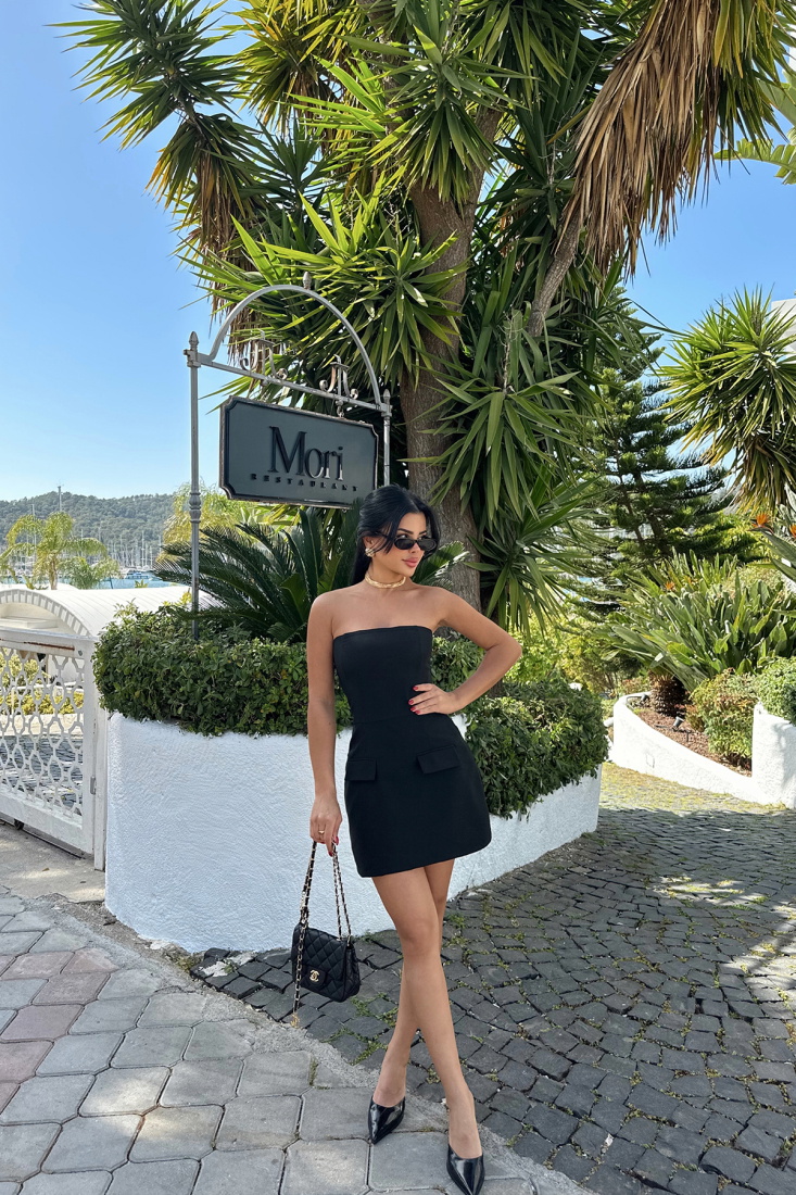 Siyah Belinda Straplez Mini Elbise ATE-1071 - EYYO