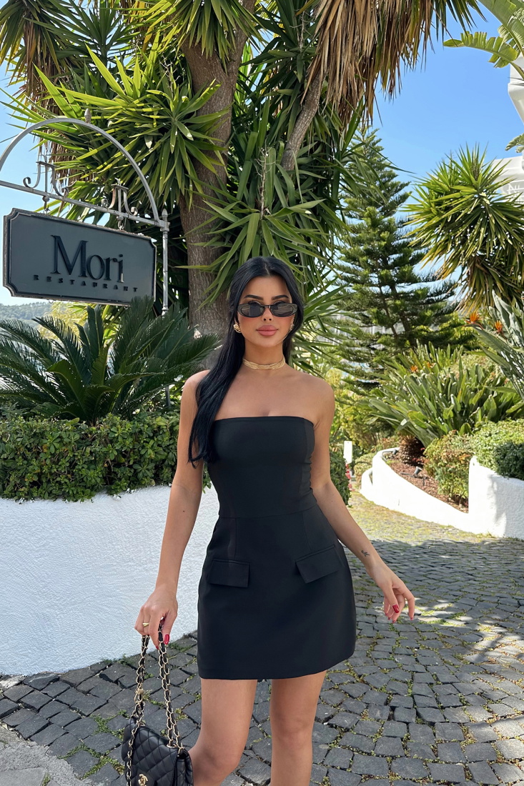 Siyah Belinda Straplez Mini Elbise ATE-1071 - EYYO