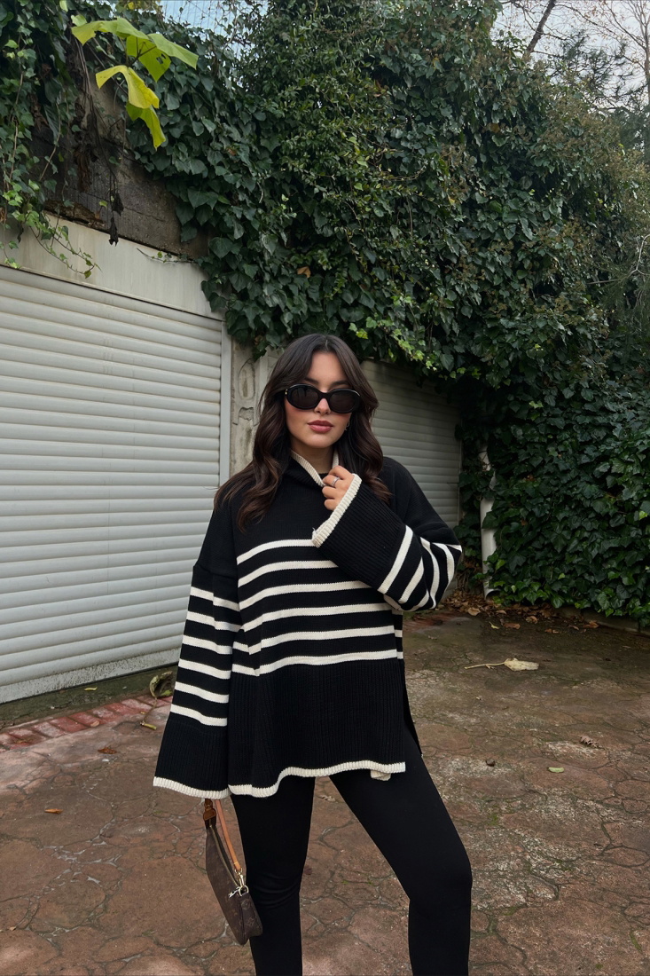 Siyah Beyaz Çizgili Triko Kazak ATE2639 - EYYO