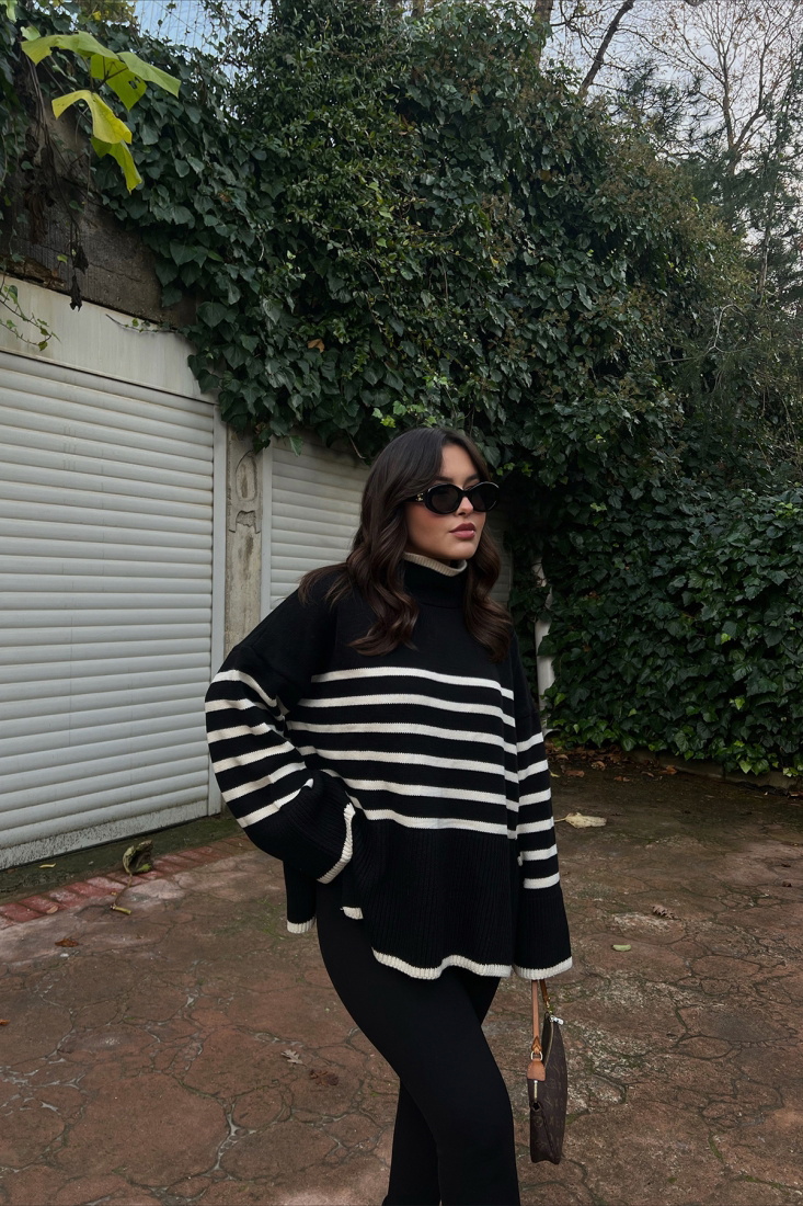 Siyah Beyaz Çizgili Triko Kazak ATE2639 - EYYO