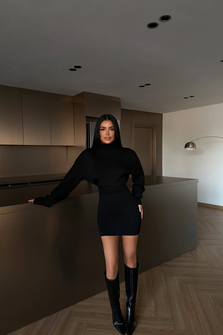 Siyah Liora Dik Yaka Mini Elbise ATE-4325 - EYYO