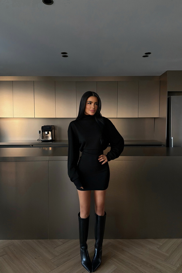 Siyah Liora Dik Yaka Mini Elbise ATE-4325 - 3