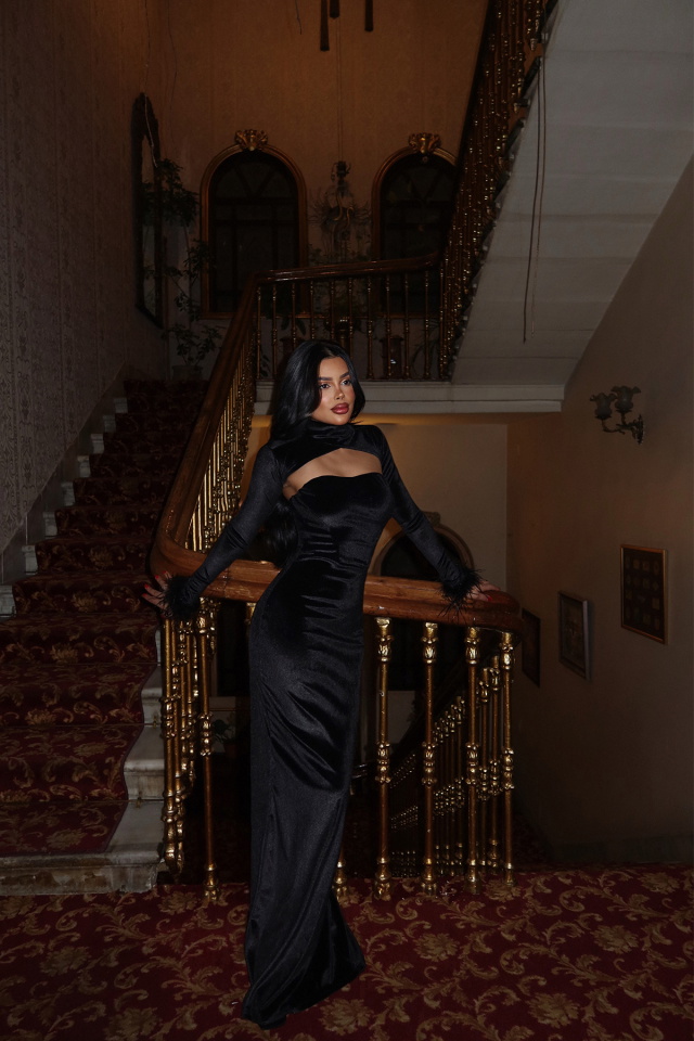 Siyah Patrizio Otriş Detay Kadife Elbise ATE-2293 - 1