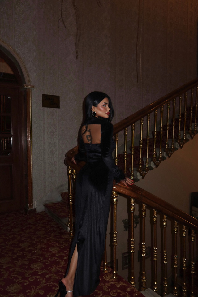 Siyah Patrizio Otriş Detay Kadife Elbise ATE-2293 - 5