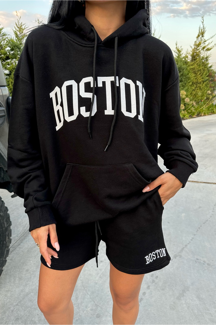 Siyah Boston Yazılı Şortlu Takım ATE8318 - UĞUR ERDURAN